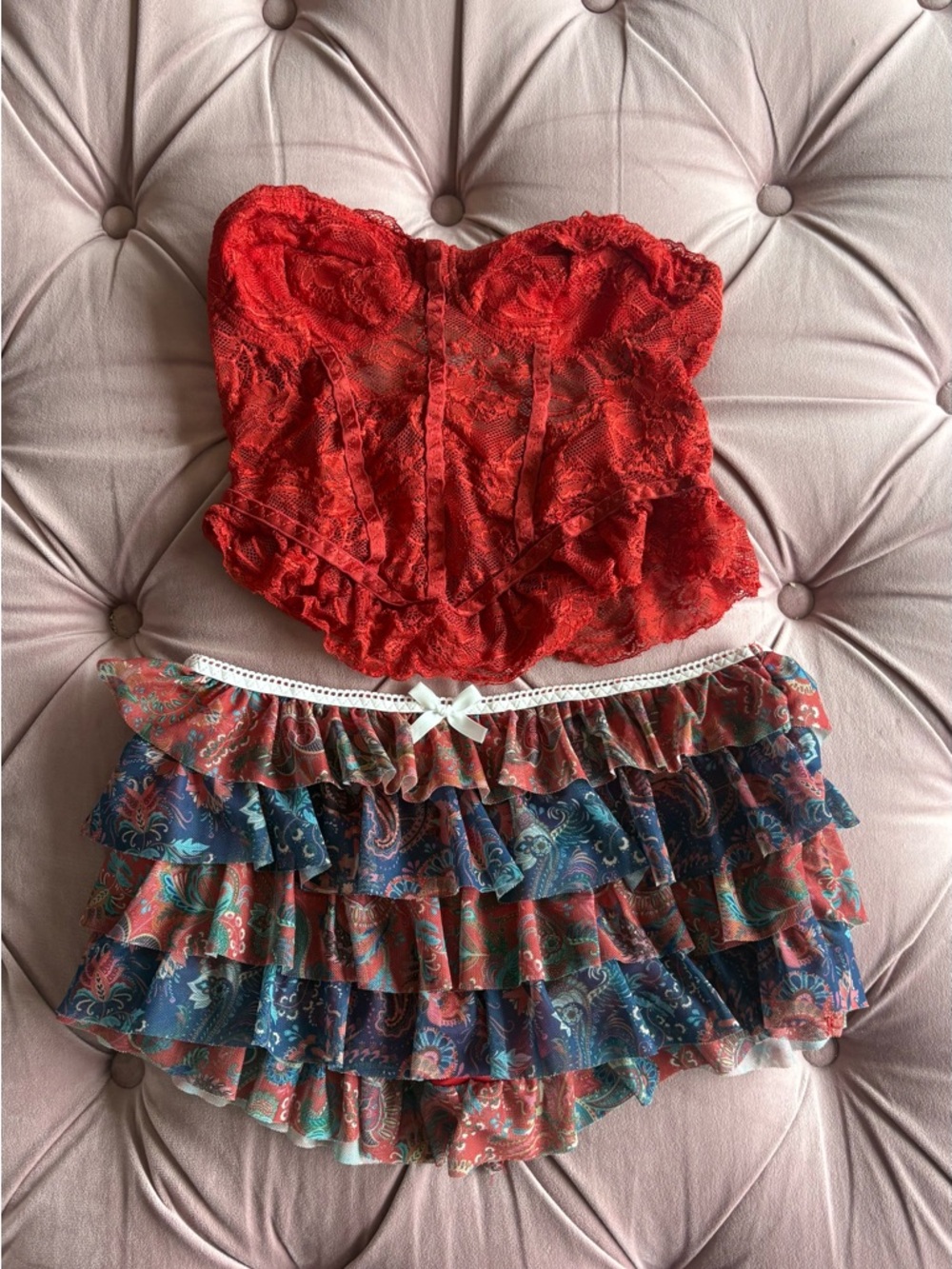 SHEIN Red Lace Bustier with Multi-Color Ruffled Bloomer Skirt Set